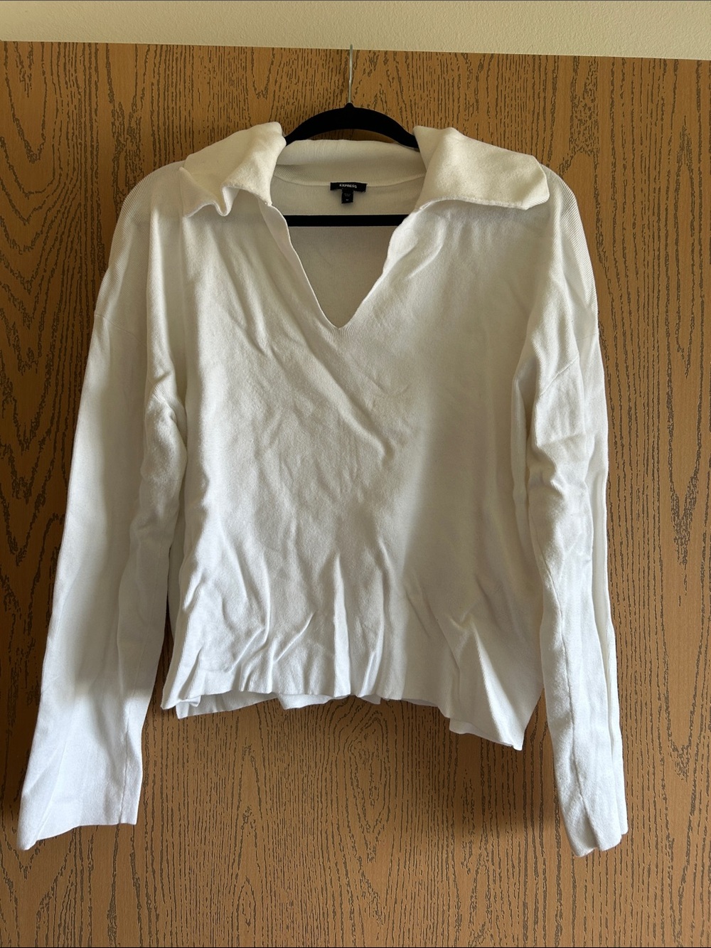 Express White Collared V-Neck Long Sleeve Sweater